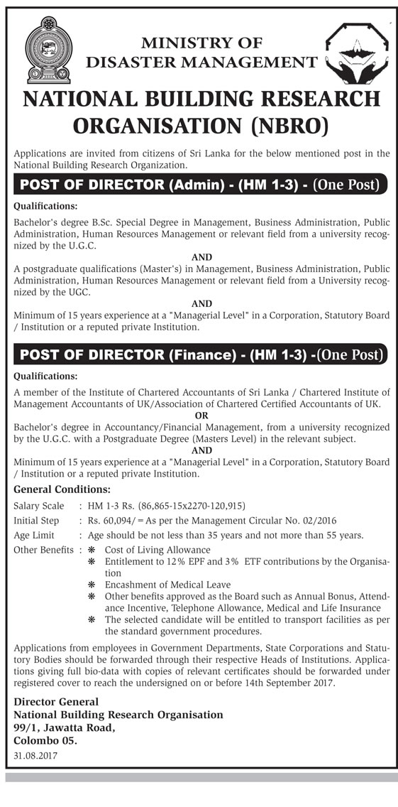 Director (Admin), Director (Finance) - National Building Research Organization 